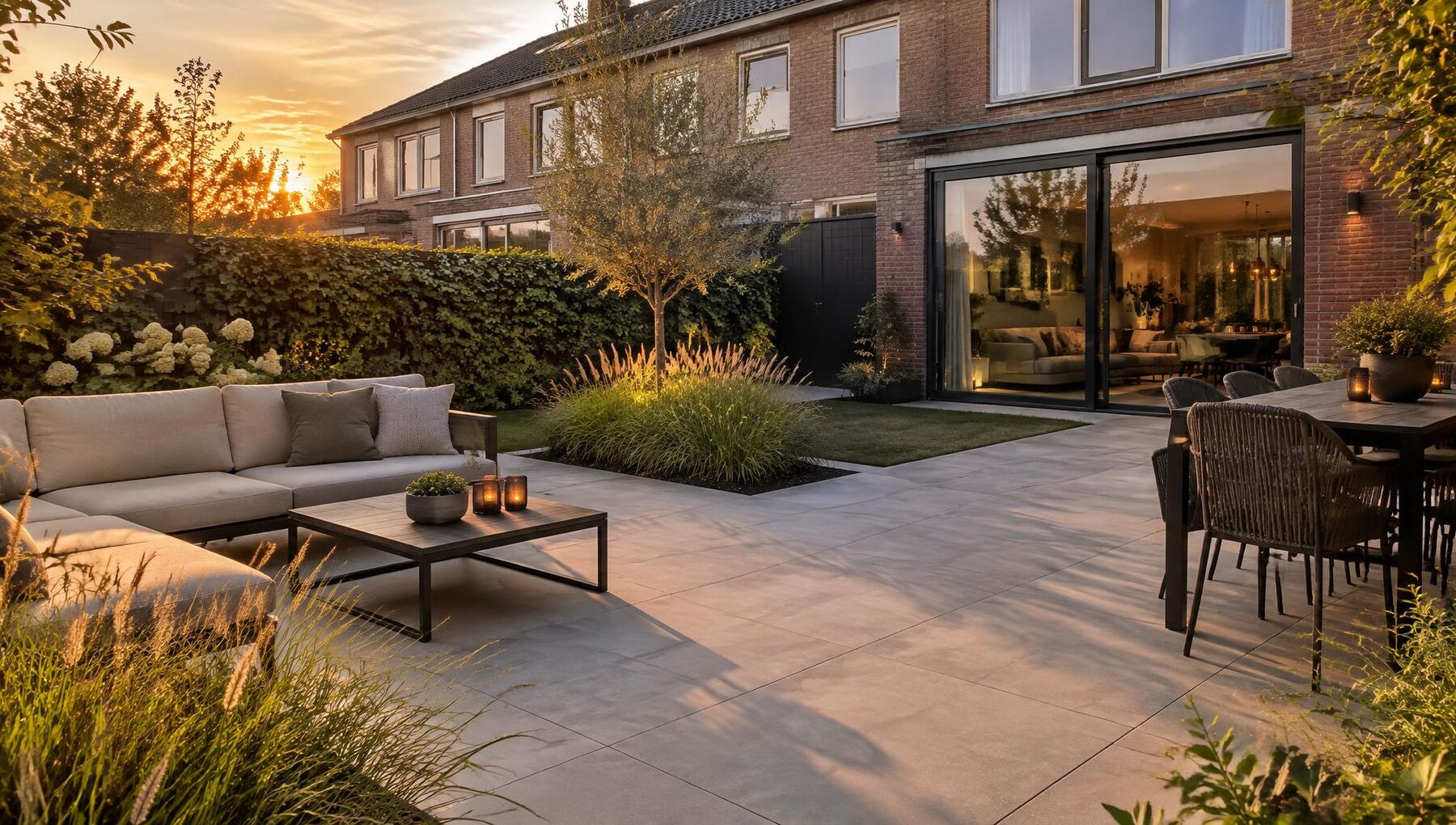 Modern aangelegde tuin met grote keramische terrastegels en siergrassen