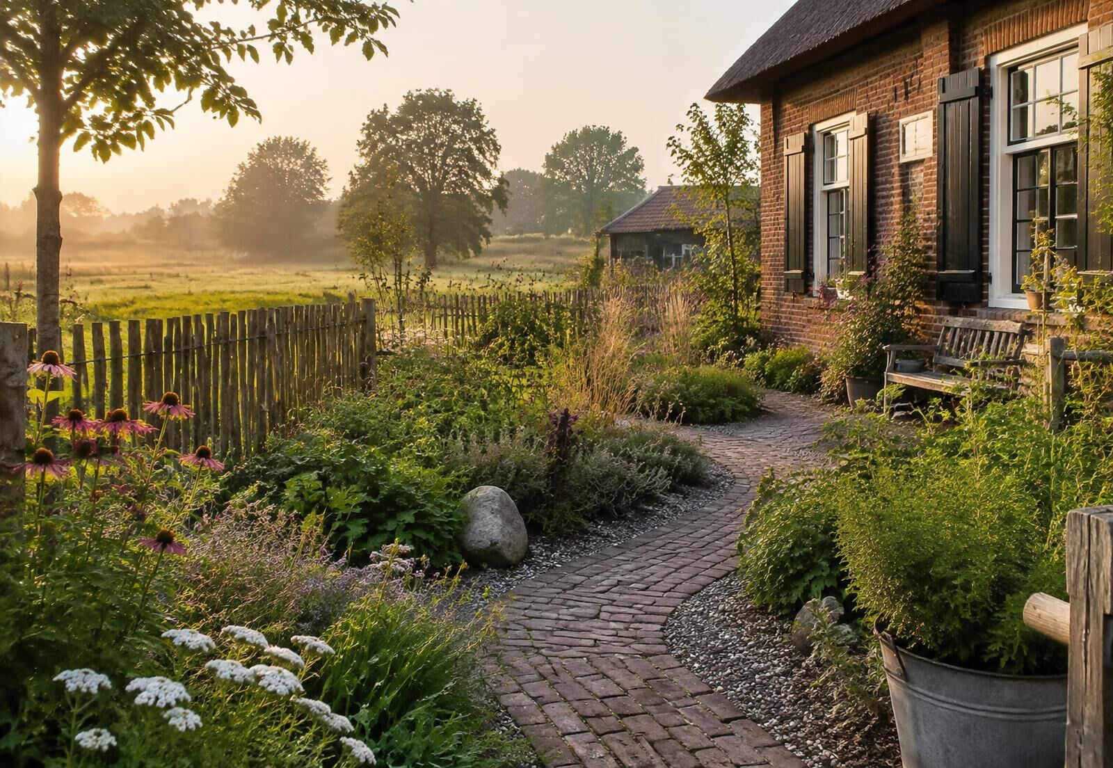 Landelijke tuin met slingerpad