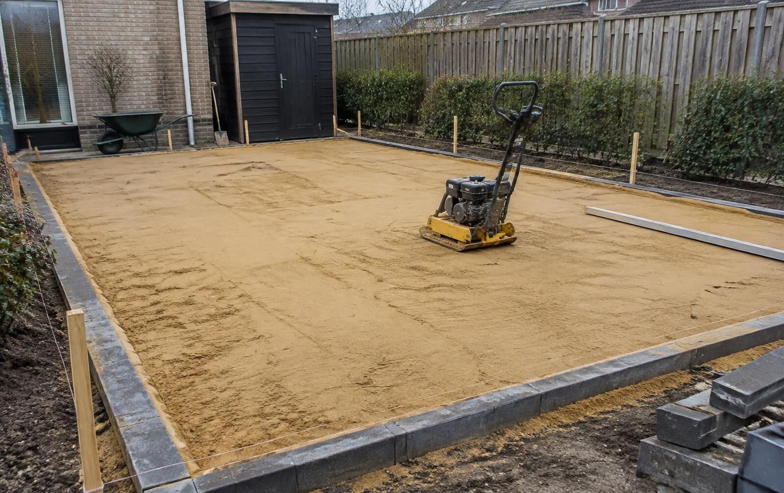 Geëgaliseerd en verdicht zandbed met opsluitbanden, klaar voor bestrating