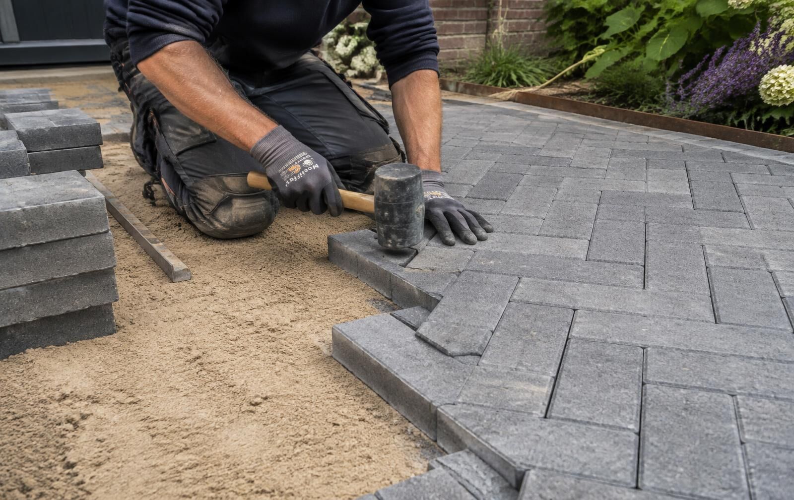 Betonklinkers worden in keperverband gelegd met een rubberen hamer